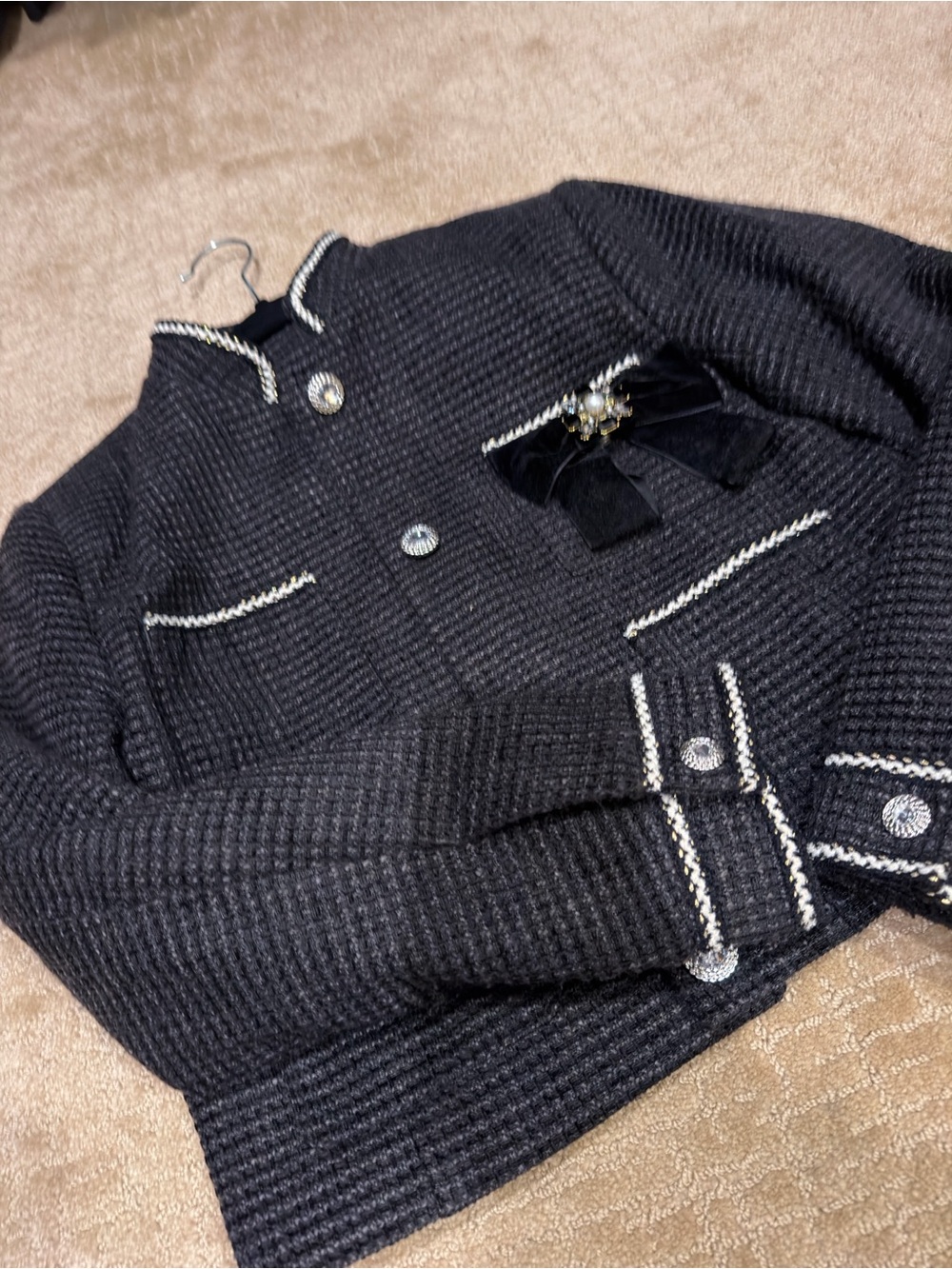 Avec Les Filles Black White Tweed Cropped Jacket Blazer S - Picture 5 of 14